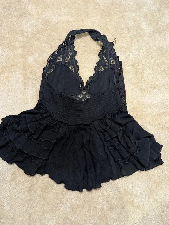 Free People Adella Halter Cami Halter Tank Top Black Lace Ruffled Size M - Picture 5 of 9